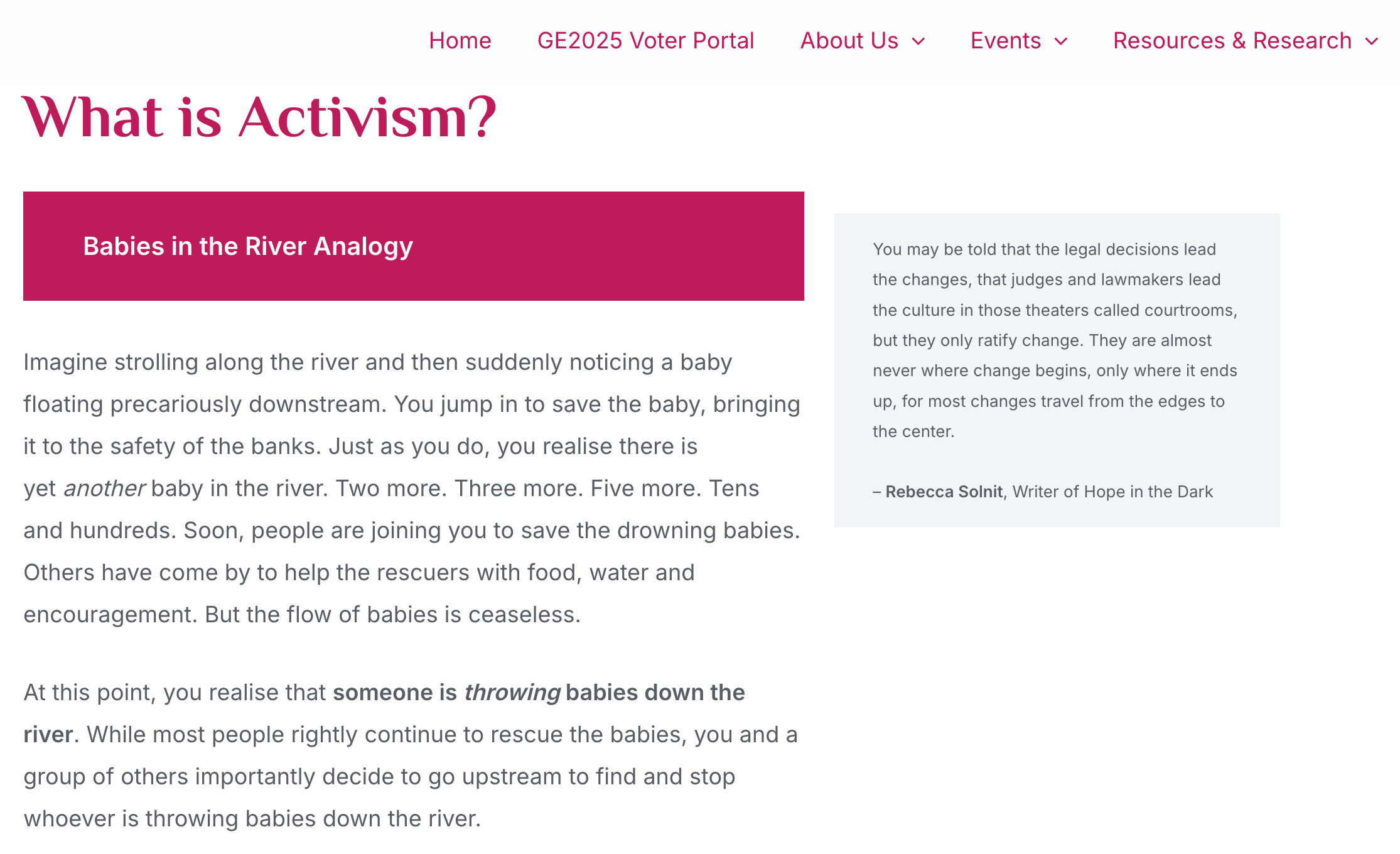 screenshot of CAPE website explaining activism through the 'babies in the river' analogy
